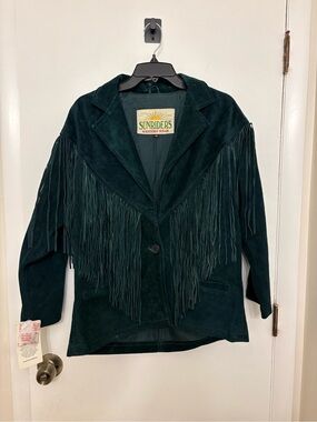 NWT VTG Sunriders Western Wear Emerald Green Suede Leather Fringe Jacket M